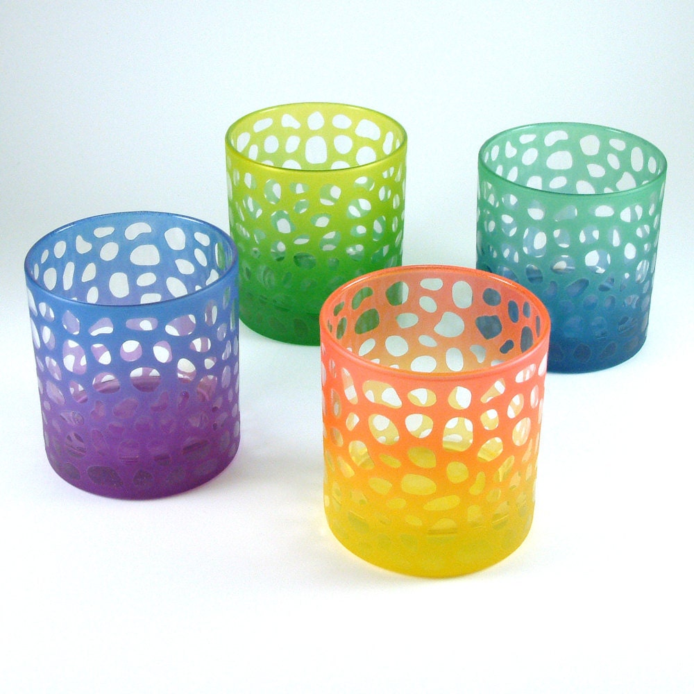 Etched Glass Tumblers with River Rocks design - Set of 4 - Custom Painted