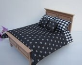 NEW Miniature Dollhouse Black Check Star Modern Bedding set for Double bed12th scale