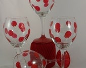 Set of 4 Red Hand Painted Wine Glasses "Glitter Dots"