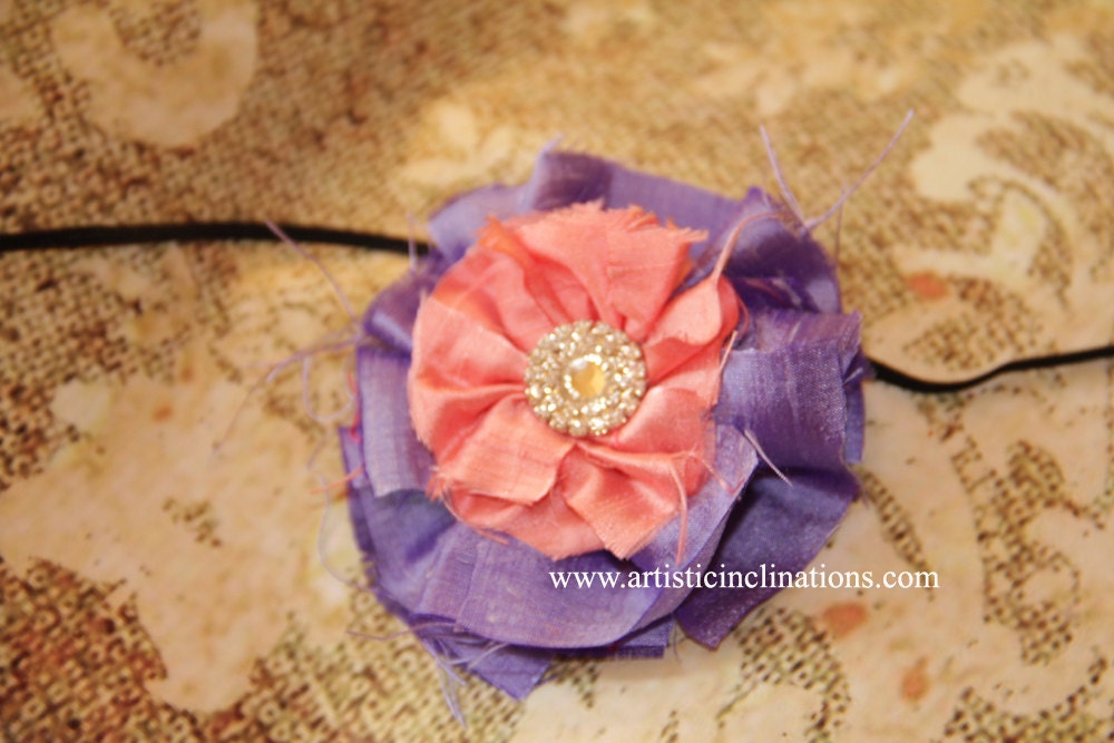 Flower Power - Lavendar Dupioni Silk Rosette Flower Headband with Rhinestone, Baby Headband, Girls Headband, Women Hair Clip
