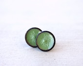 Mint Copper Enamel stud button earrings Handmade Valentine gift - SilverLinesJewelry