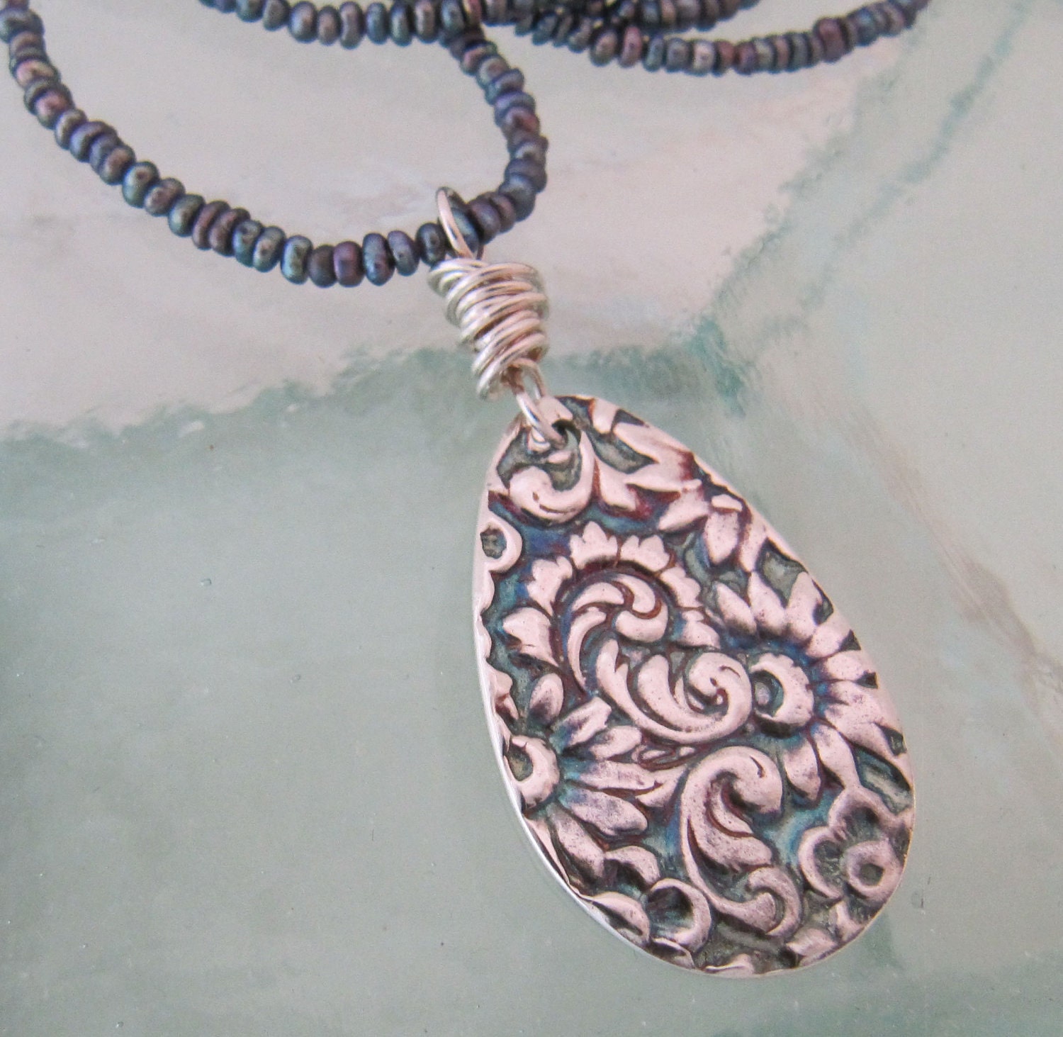 Silver Flowers and Flourishes on Silver Seed Pearl Necklace