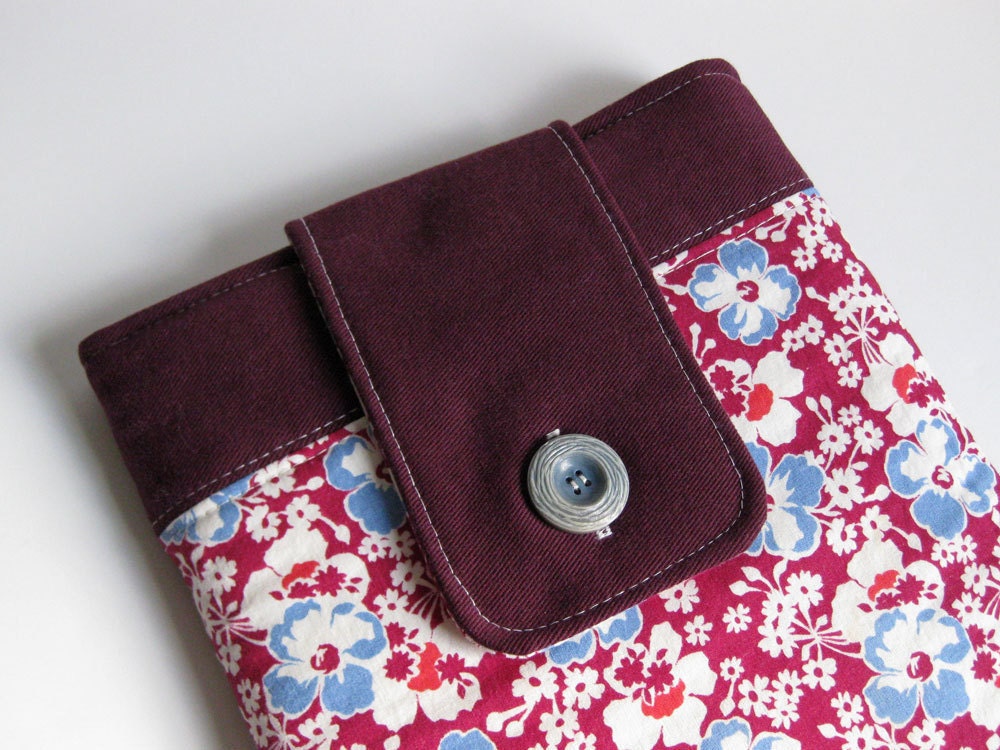 PADDED LAPTOP CASE 13 macbook air recycled red denim and vintage floral by Lynn Minney Designs