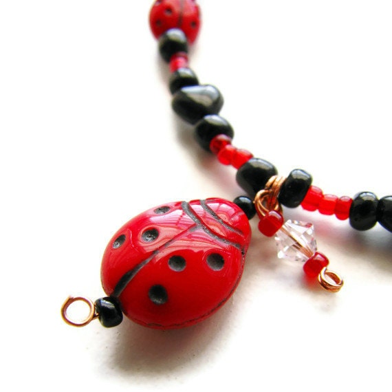 Ladybug Garden Bracelet with Czech Glass and Swarovski CLEARANCE - heversonart