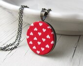 Valentine Jewelry Heart Necklace, Red, White, Brass Pendant, Fabric Jewelry