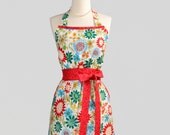 Retro Womens Bib Apron - Katy Floral with Butterflies in Rust Red and Teal with Ruffles