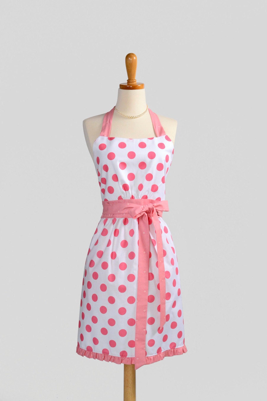 Retro Womens Bib Apron - Feminine Bubblegum Pink and White Quarter Dot with Pink Trim