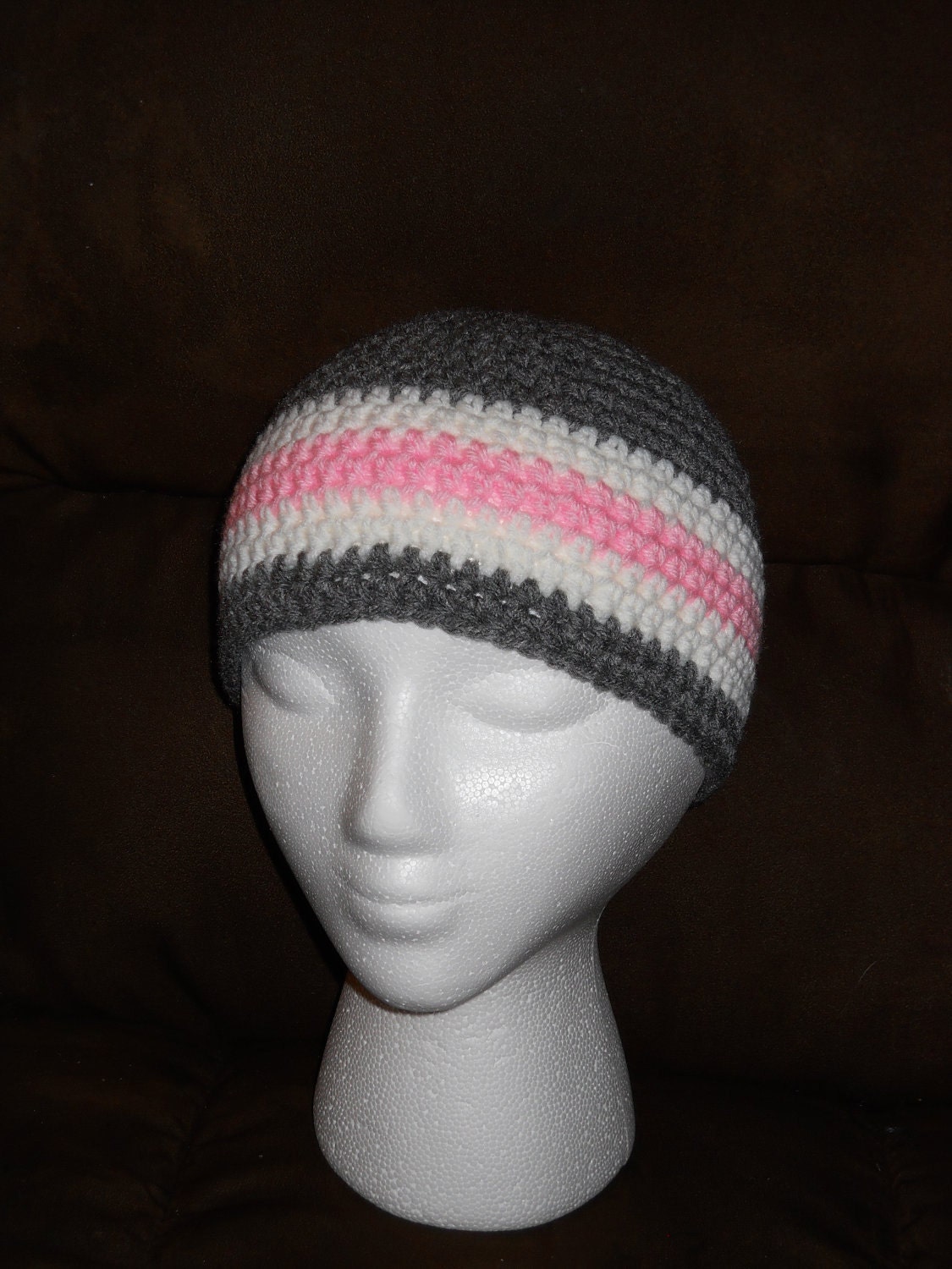 Gray, Pink, and White Beanie