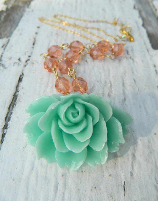Aqua Sea Foam Cabbage Rose and Coral Glass Beaded Necklace in Gold