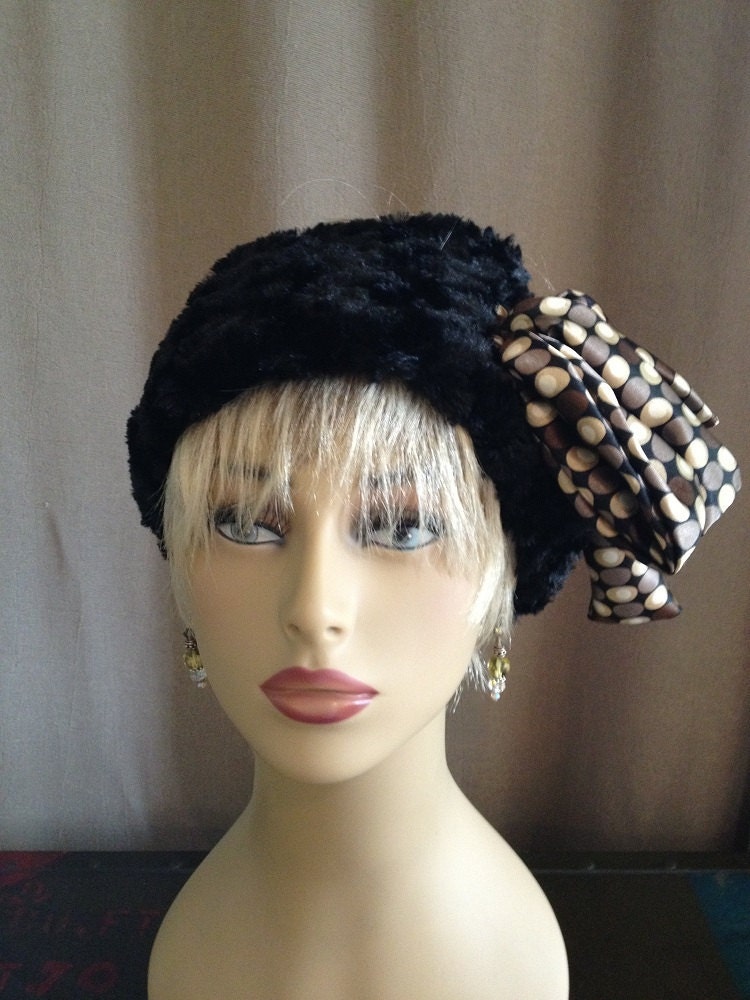 silky soft, black faux fur ear warmer / headband with bow accent