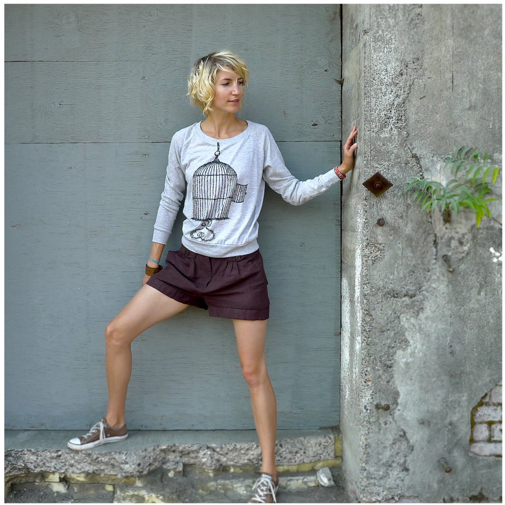 SALE - One That Got Away - spring fashion - womens SMALL - birdcage screenprint on Alternative Apparel heather oatmeal pullover