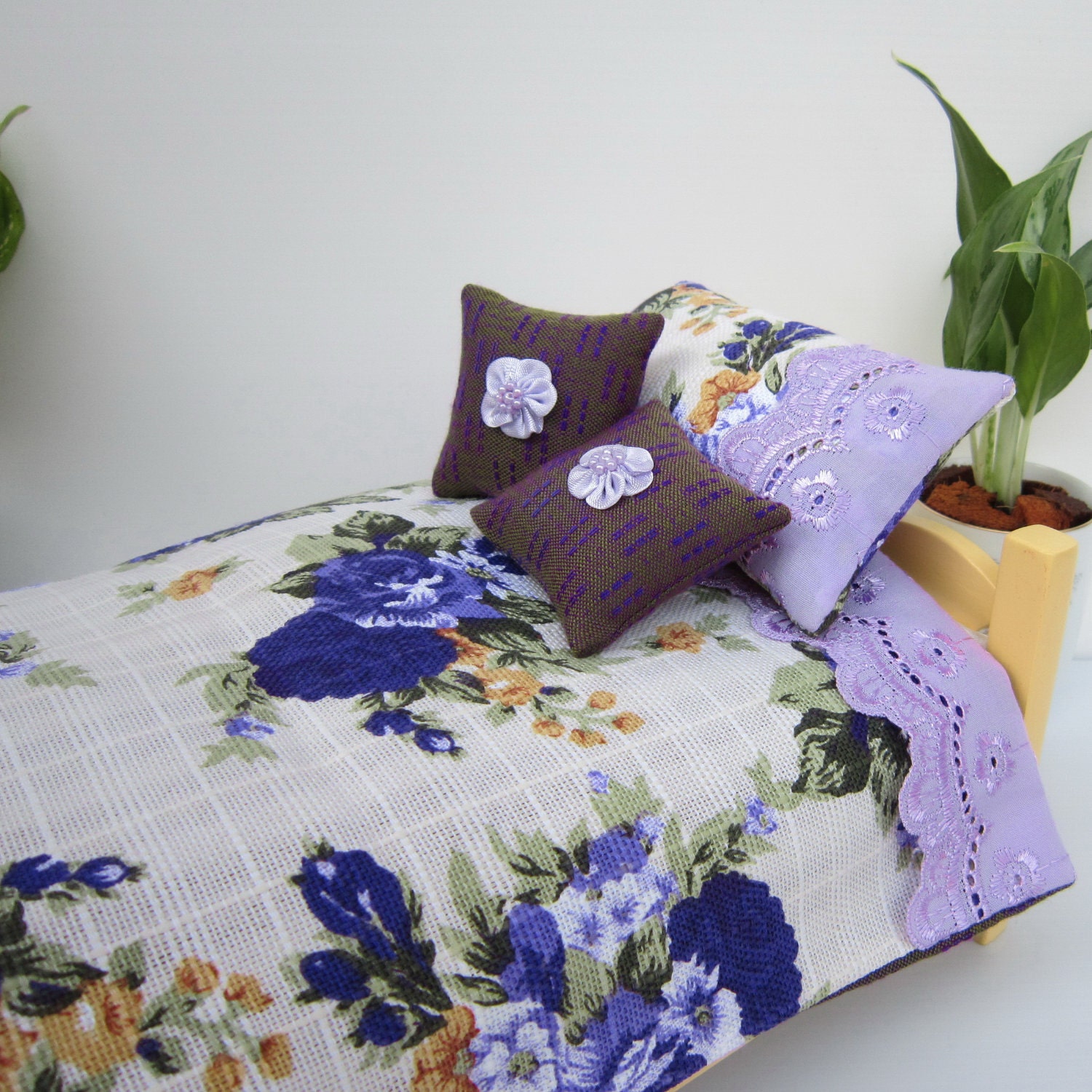New doll Bedding set Purple Floral Bedspread pillow cushion 12" doll barbie blythe bratz