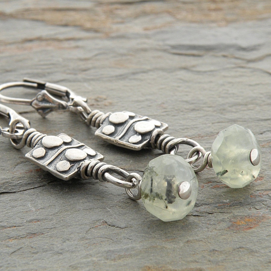 Green Earrings: Prehnite Stones, Sterling Silver, Pastel Green, Lever Back Ear Wires
