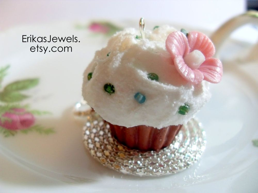 Pink Flower Cupcake Necklace - Made to Order