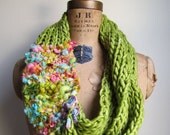 Bohemian knit loop infinity scarf. Chartreuse. Pink. Turquoise.