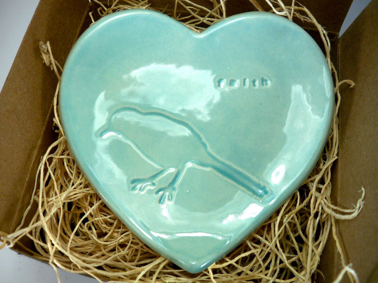 Ring Dish, Stamped with Text and Bird, Aqua Glaze, Gift Boxed ready to ship, Home Decor, Teacher Hostess Gifts