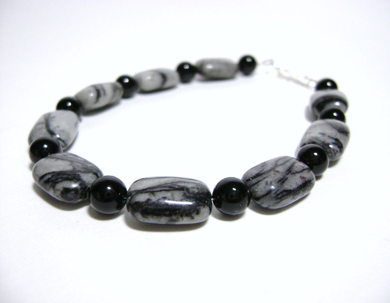 Zebra Jasper and Black Onyx bracelet with Sterling Silver rings and clasp