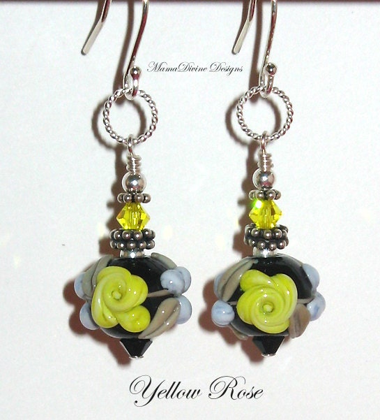 Yellow Rose - Lampwork Glass Sterling Silver Earrings