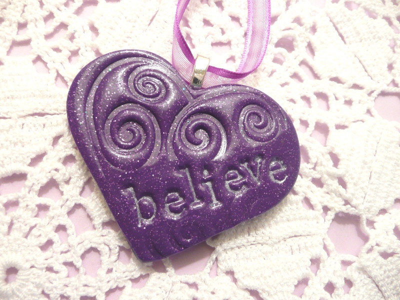 Believe Heart Ornament Purple - handmade clay home decor