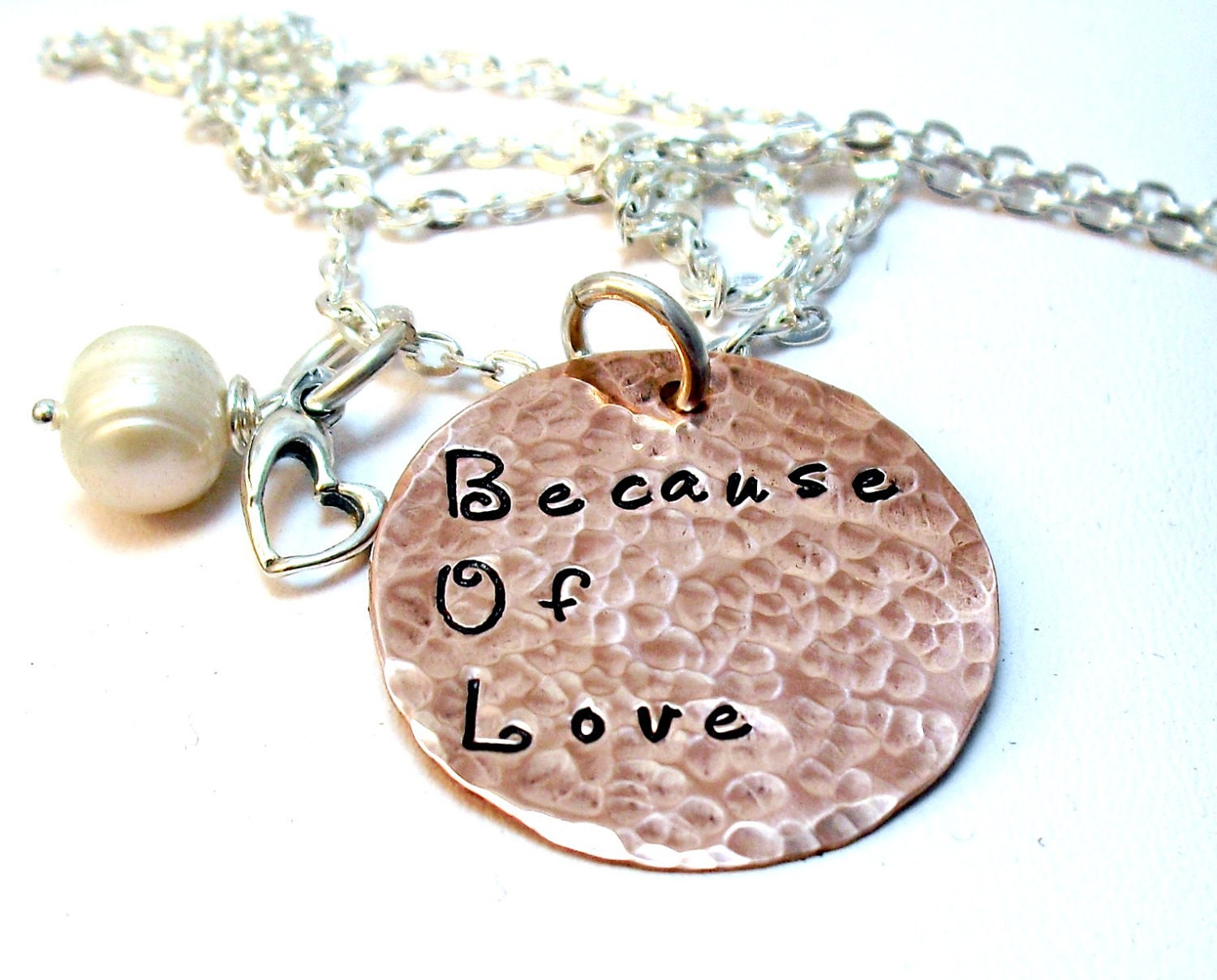 Because of Love Organic Single Copper Disc Hand Stamped - Sterling Silver Heart - Personalized Necklace - Sweet Heart