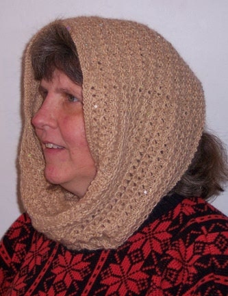Handknit Cowl, Elegant Tan Cowl with Sequins
