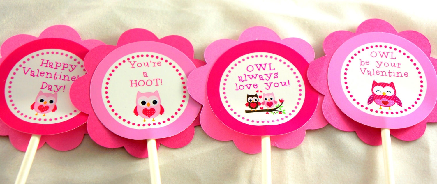 Valentine Owl Cupcake Toppers for Valentine Party in Pink