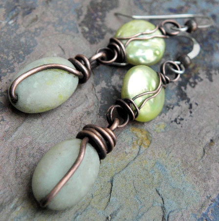 Greening 3, Peridot Jasper, coin Pearls, and antiqued Copper earrings, ThePurpleLilyDesigns