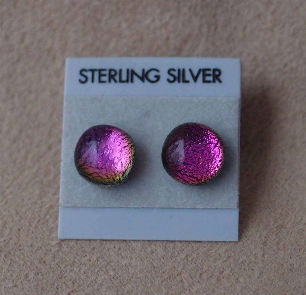 Pink/purple stud earrings,fused dichroic glass on sterling silver posts.