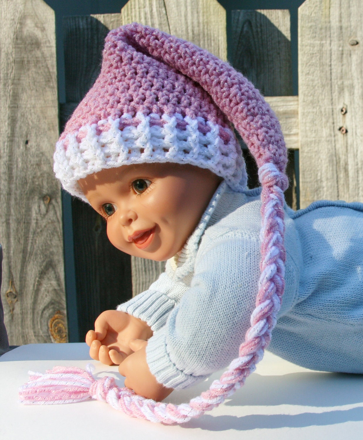 Baby girl newborn princess stocking cap elf hat crochet with xtra braid long in sparkly pink and white 0-3 months