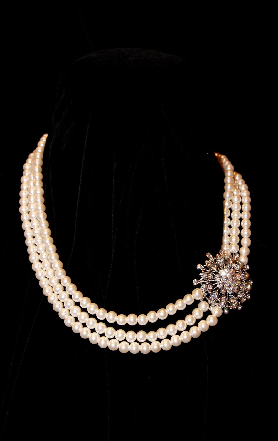 Vintage style three strand handmade bridal pearl necklace