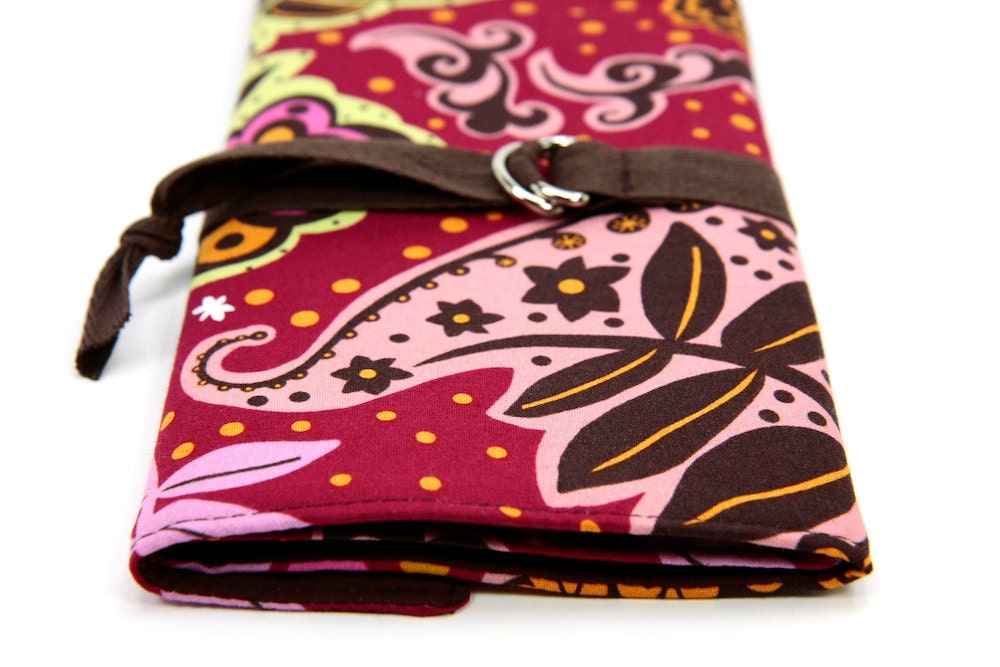 SHORT - Dpn or Circular Knitting Needle Organizer Case - Chocolate Raspberry - 24 brown pockets