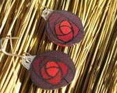 Red Rose hanging shrink plastic earrings, silver earring hooks