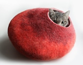 Warm Orange Red Bubble - Hand Felted Wool Cat Bed / Vessel - Crisp Contemporary Design - vaivanat