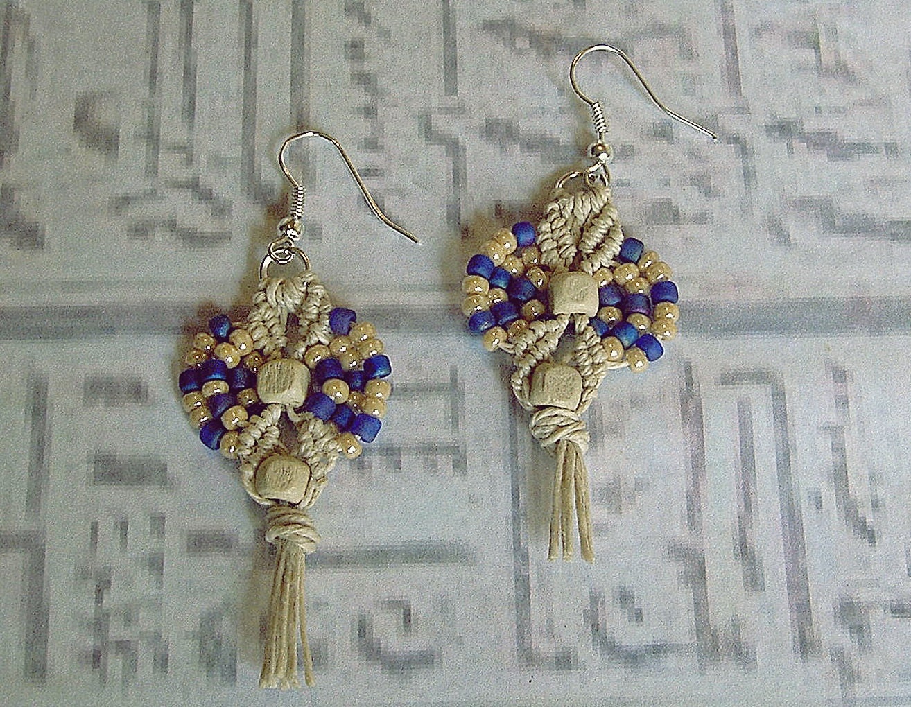 Micro Macrame earrings in purple and hemp.