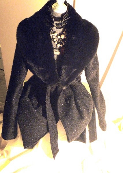 SALE / Black Glam Trash Coat / DIY by Raven / fur and wool peacoat rocker M L