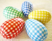 Gingham Easter Eggs glitter decoupage bright plaid check red aqua green yellow blue