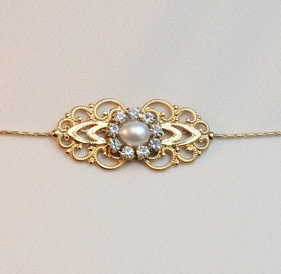 Bridal Sash Golden Belt , Bridal Sash, Rhinestone And Pearls, Golden Chain, Wedding Accessory, Vintage Jewelry, Gold filled- Emma - mylittlebride