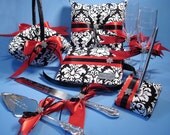 Damask Wedding Accessories, Guest Book, Pen, Ring Bearer Pillow, Flower Girl Basket, Flutes, Cake Serving Set, Personalized Engraving