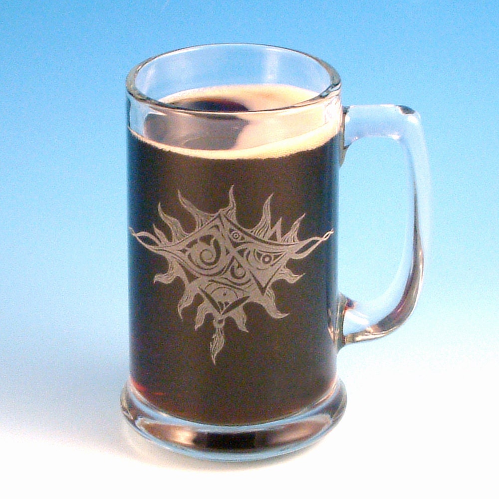 Etched Glass Mug - Crazy Sun - Sandblasted Glassware