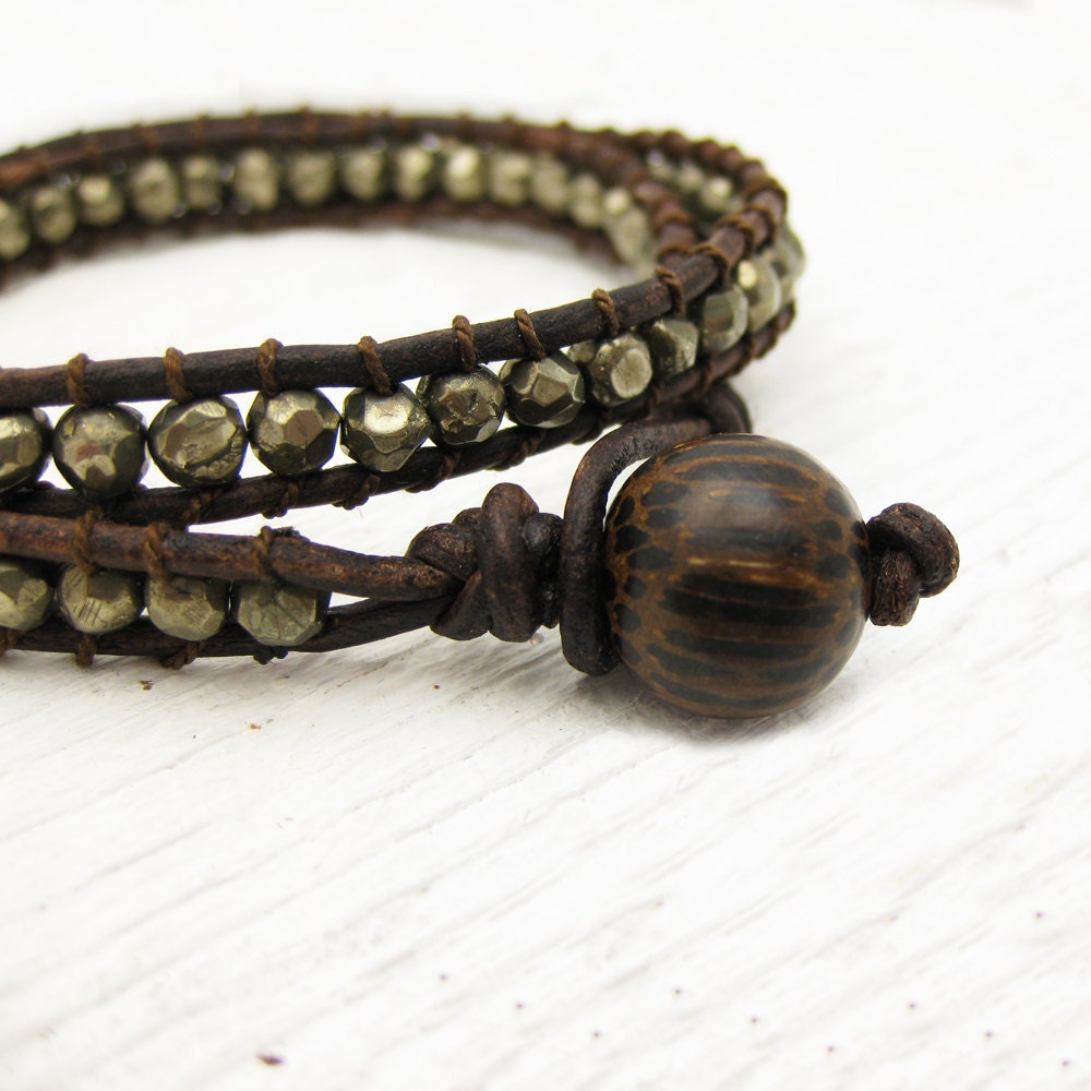 Pyrite Leather Wrap Bracelet with Coconut Wood and 100% Silk: fools gold dude unisex brown inspired by woodland tree coffee
