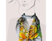 Roses in the Fog: Grey and Yellow floral, hand painted silk satin scarf