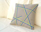 Grey linen with lemon yellow, purple and blue stripes pillow cover Mikado Series