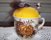 Boutique English Teacup Pincushion Yellow Flowers Bejeweled Pins