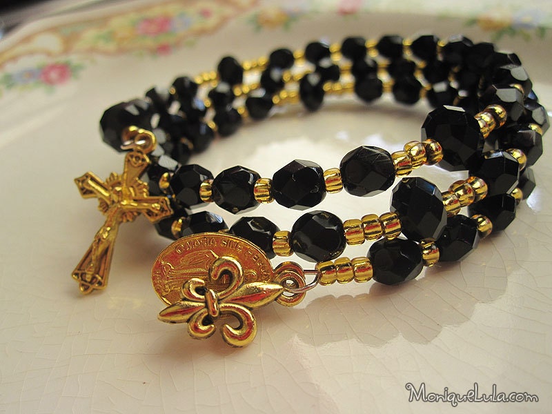 Black and Gold Fleur De Lis Catholic Rosary Bracelet