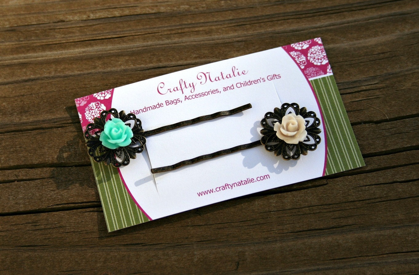Aqua and Cream Rose Filligree Hair Pins