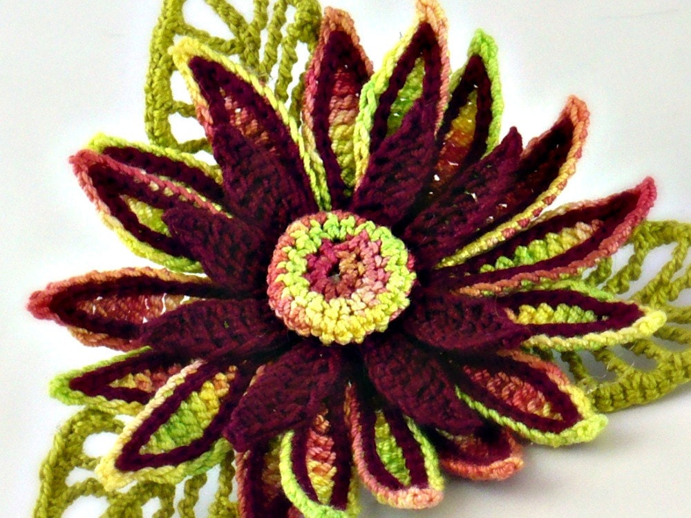 Crochet Brooch Irish Crochet Pin Daisy Cranberry Yellow Chartreuse