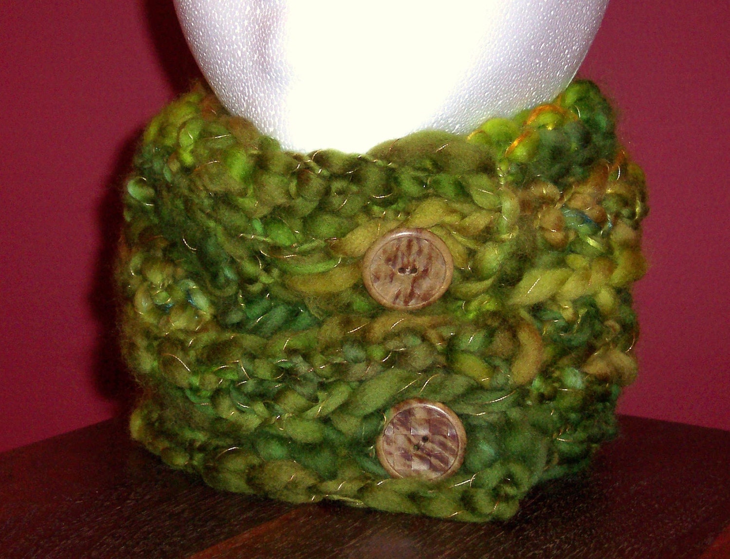 Cowl Neckwarmer Button Closure Merino Wool in Green and Gold with Vintage Buttons