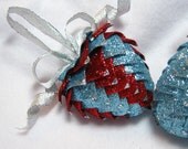 red and blue handmade ribbon heart ornament