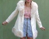 White Leather Jacket Fur Trim Coat Vintage 70s