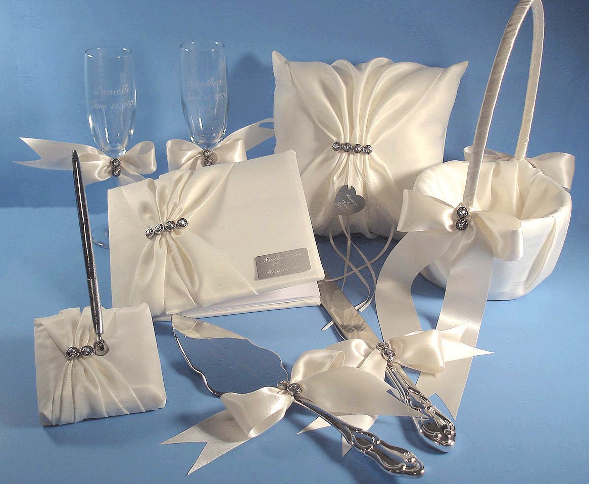 Wedding Accessories, Guest Book, Pen, Flower Girl Basket, Ring Pillow, Flutes, Serving Set,  Any Color with Swarovski Crystals and Engraving